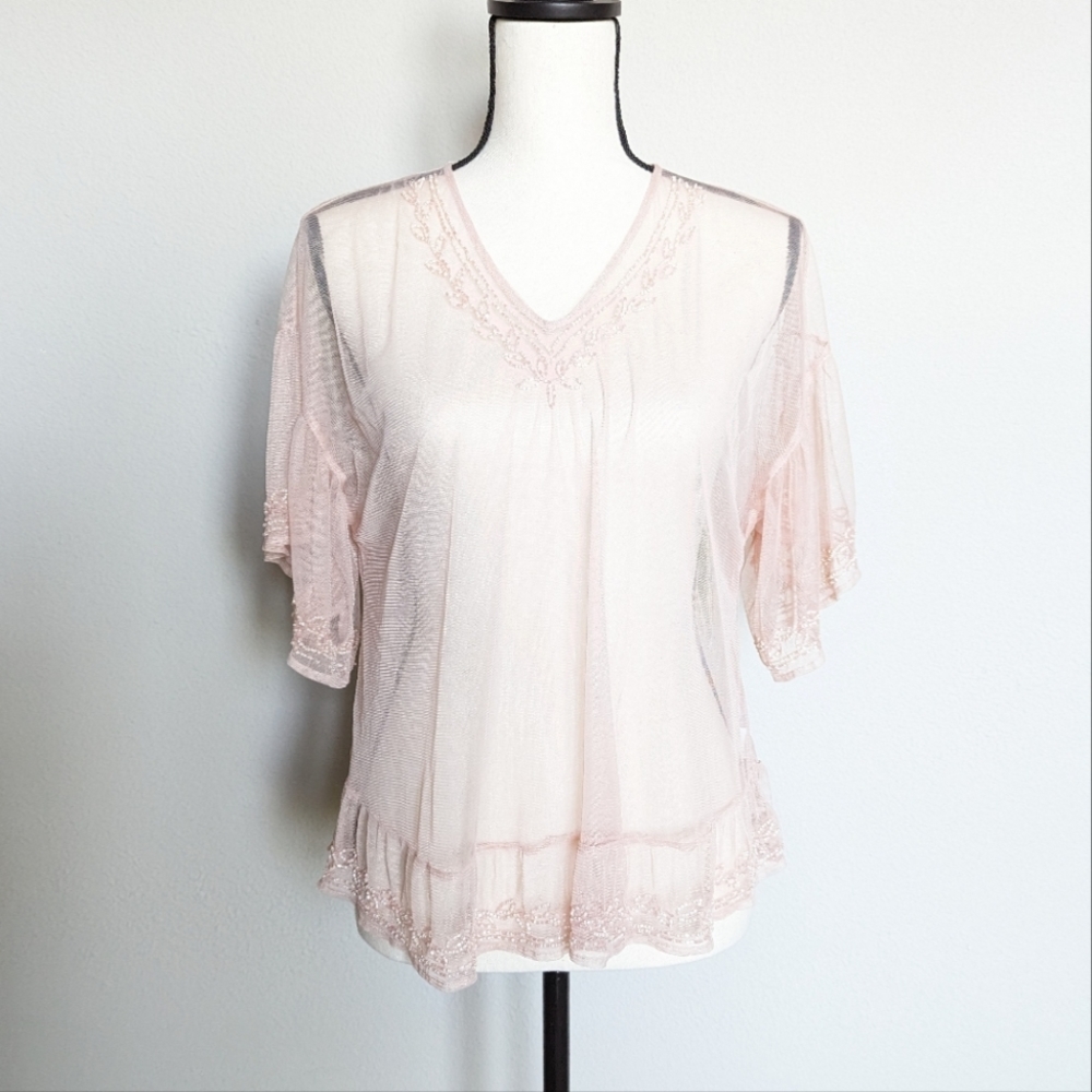 Kaari Blue pink mesh beaded flowy short sleeve top size S